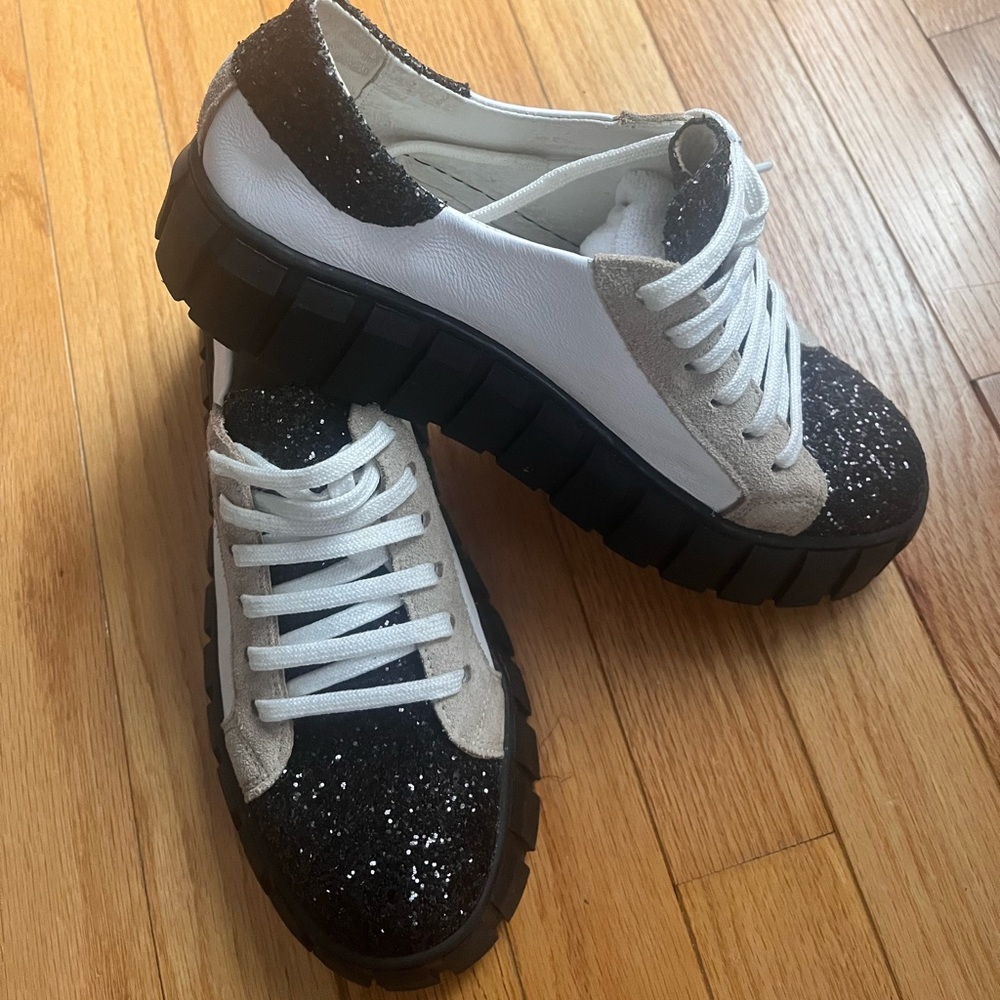Custom made leather, suede and sequins platform sneakers